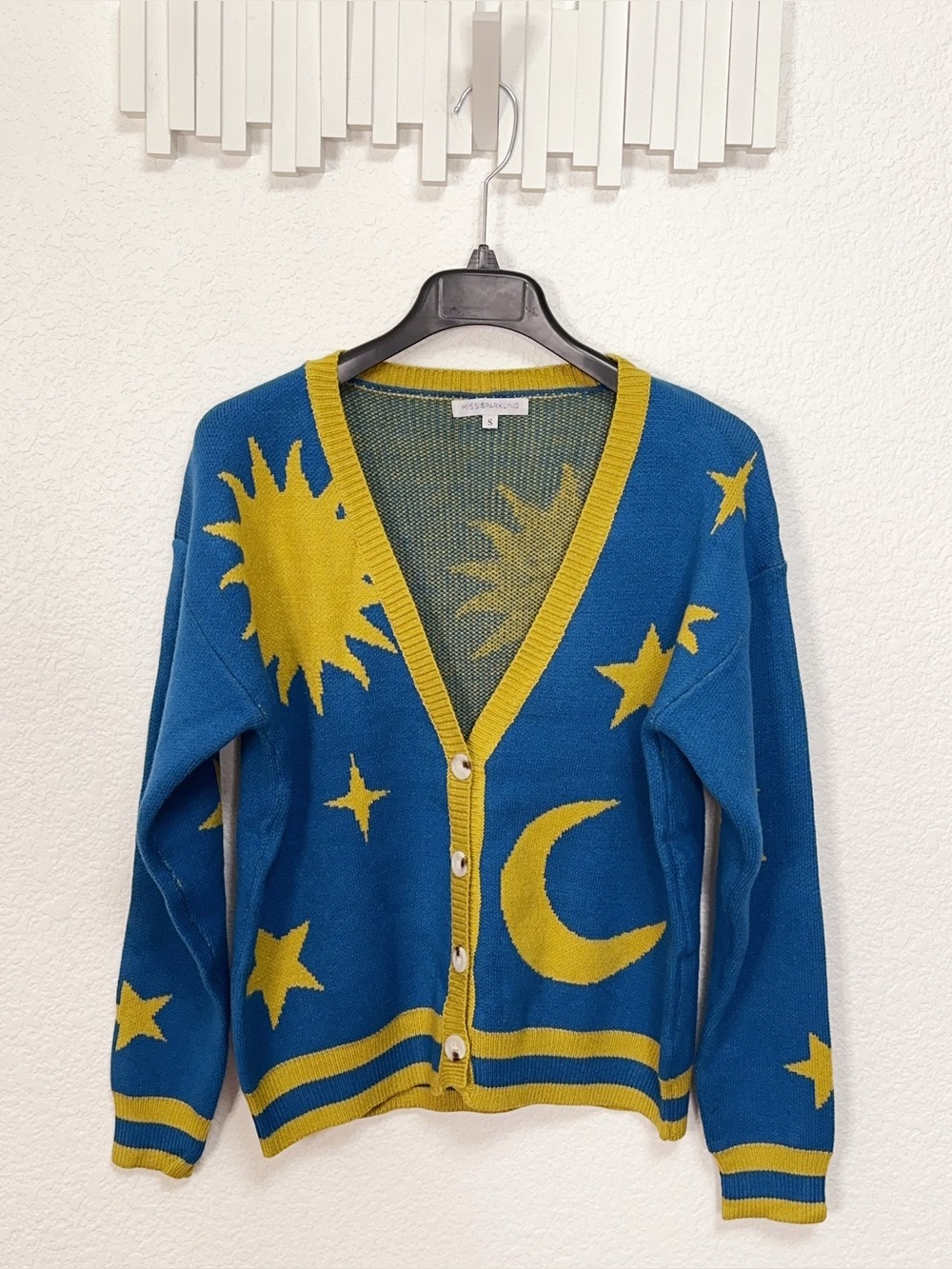 Miss Sparkling Blue Celestial Sun Moon Star Button Front Knit Cardigan